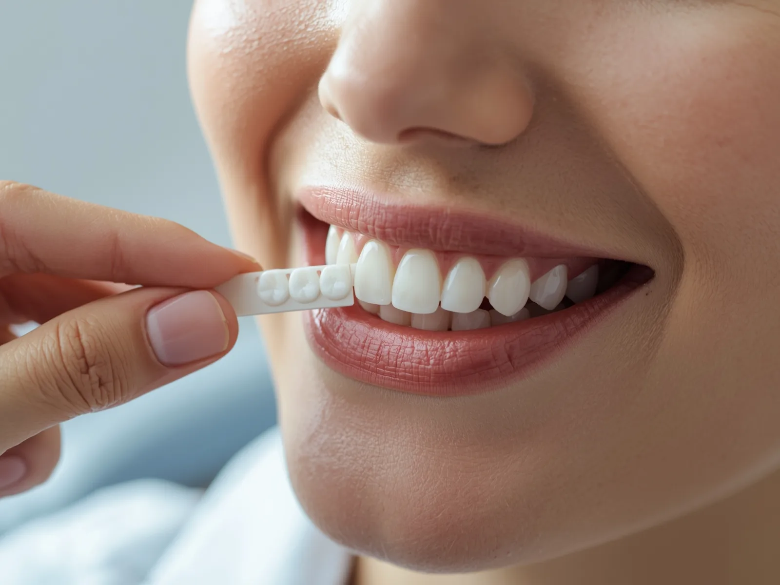 Dental shade guide held beside a patient's smile to compare tooth shades